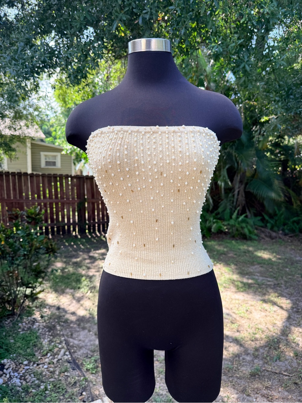 90s 2000s Newport News Jeanology Collection Silk Gold Lurex Beaded Tube Top